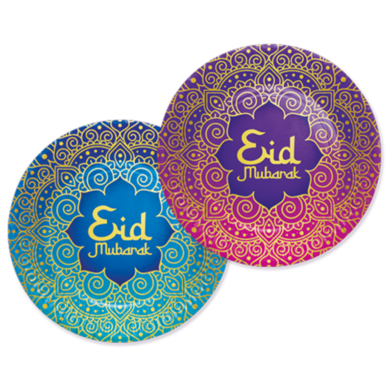 8 stk. Eid Mubarak Paptallerkener Lilla/Blå 23 cm 8 stk. Eid Mubarak Paptallerkener Lilla/Blå 23 cm