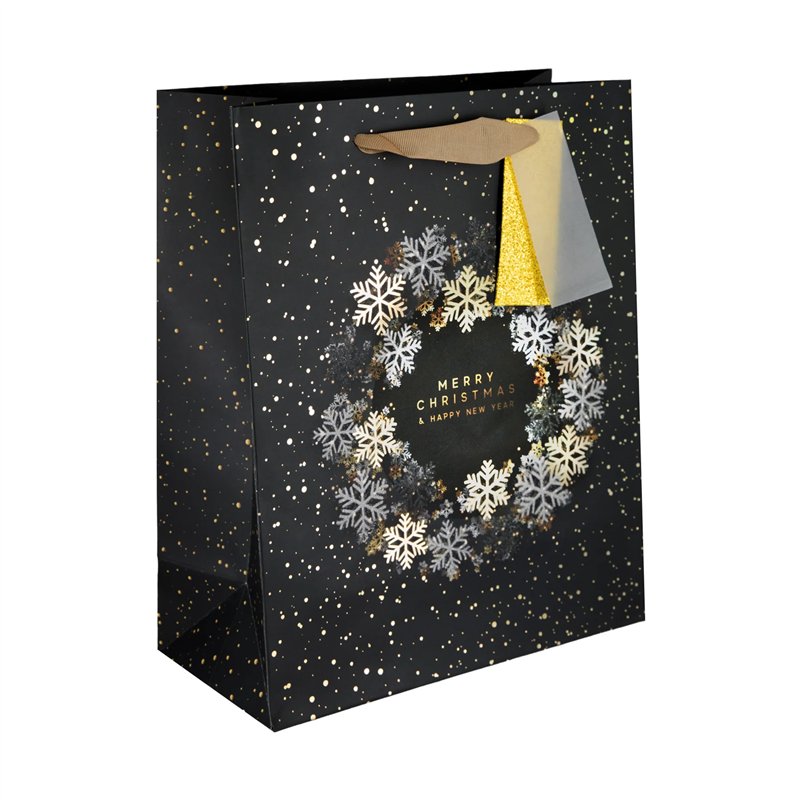 Merry Christmas & Happy New Year Gavepose i Sort, Hvid og Guld 32x26x12,5 cm Merry Christmas & Happy New Year Gavepose i Sort, Hvid og Guld 32x26x12,5 cm