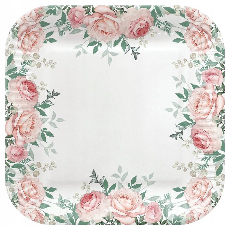 8 stk. Kvadratiske Paptallerkner Rose Design 23 cm – 