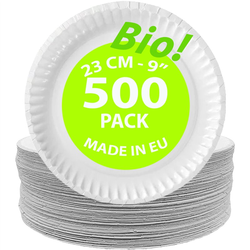500 stk. Bionedbrydelige Paptallerkener Hvid 23 cm – Elegant & Miljøvenlig Festløsning