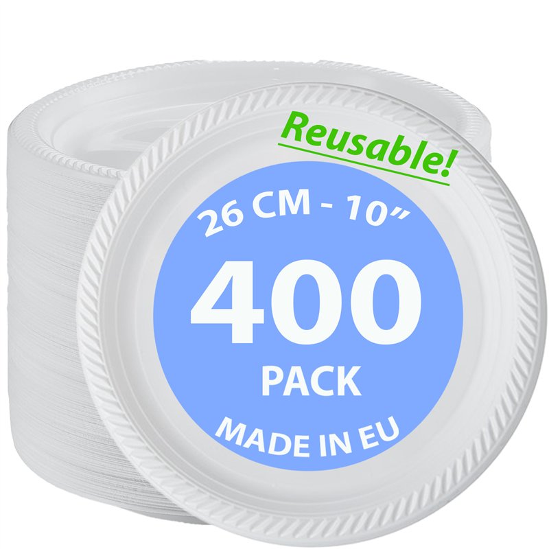 400 stk. Genbrugelige Plastiktallerkner Hvid 26 cm – Perfekte til fest og picnic