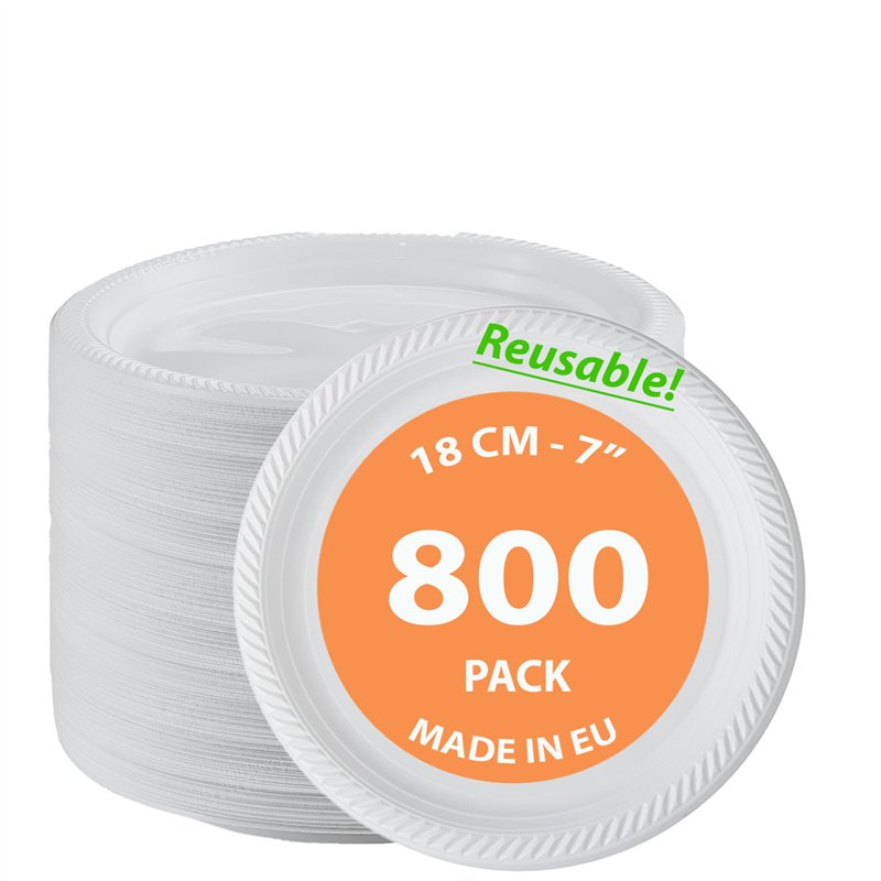 800 stk. Genbrugelige Plastiktallerkner Hvid 18 cm – Holdbare & nemme i opvask