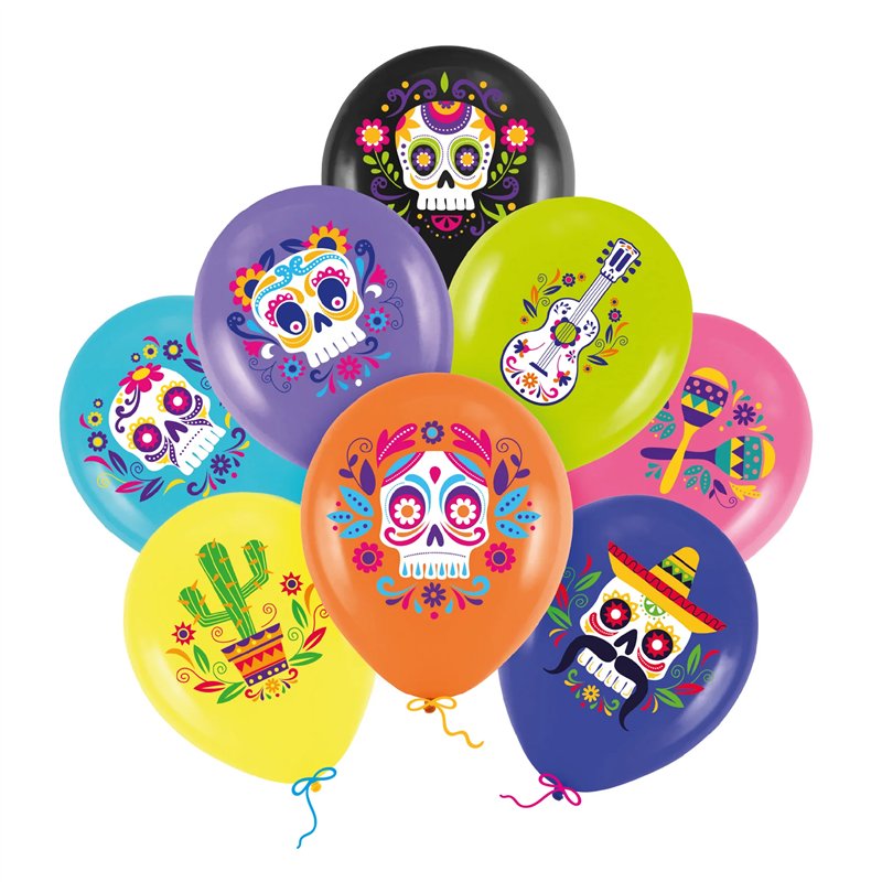 8 stk. Dia de los Muertos Balloner gul, grøn, orange, pink, lilla, blå, marineblå, sort – De Dødes Dag 8 stk. Dia de los Muertos Balloner gul, grøn, orange, pink, lilla, blå, marineblå, sort – De Dødes Dag