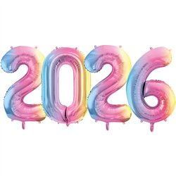 Folieballon Tal 2026 Pastel Regnbue 86 cm &ndash; S&aelig;t kul&oslash;r p&aring; nyt&aring;r & jubil&aelig;um