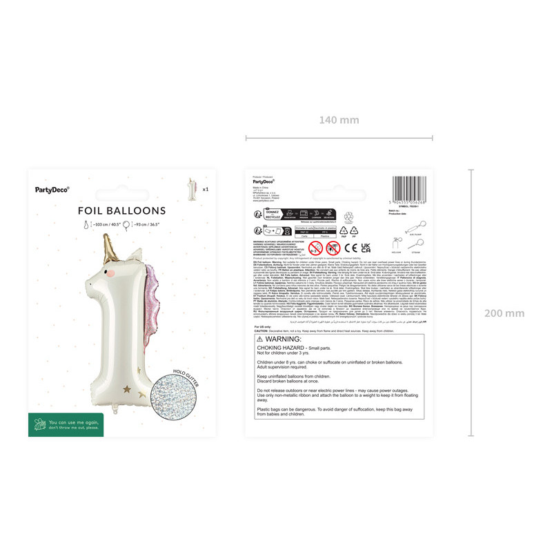 Foil balloon Number ''1'' Unicorn, 93cm, mix