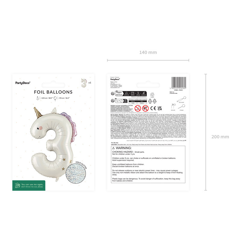 Foil balloon Number ''3'' Unicorn, 93cm, mix