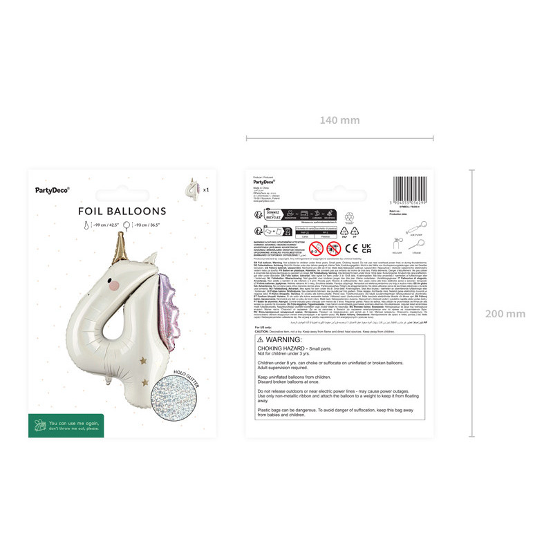 Foil balloon Number ''4'' Unicorn, 93cm, mix