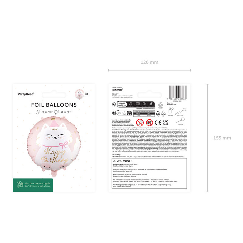 Foil Balloon Disc Kitty, 35x35 cm, mix