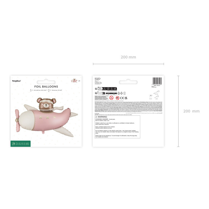 Foil balloon Bear in Airplane, 94x61 cm, light pink