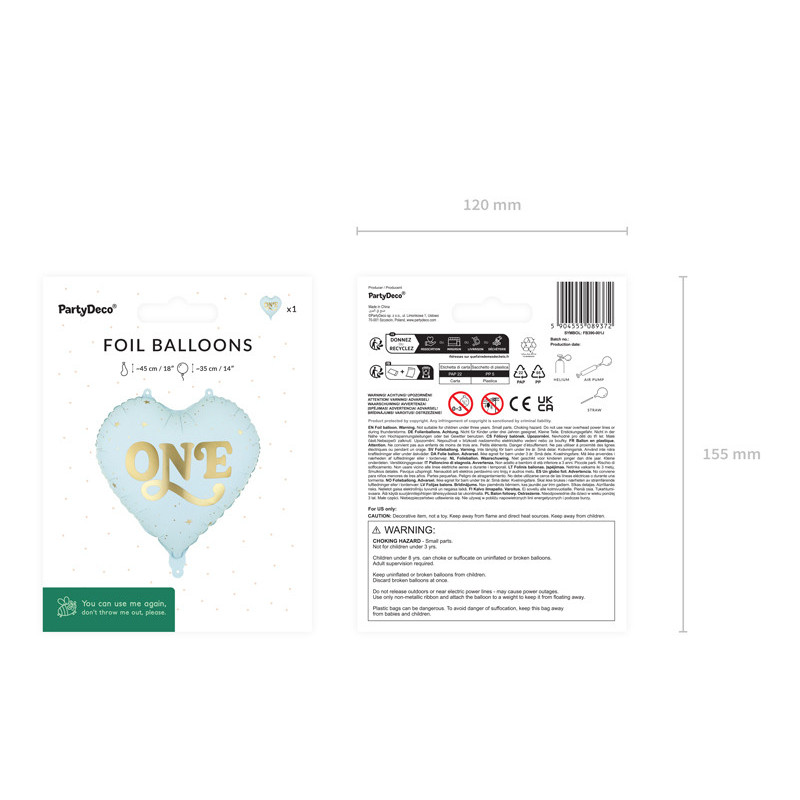 Foil balloon Heart ''One'', 45 cm, light blue Foil balloon Heart ''One'', 45 cm, light blue