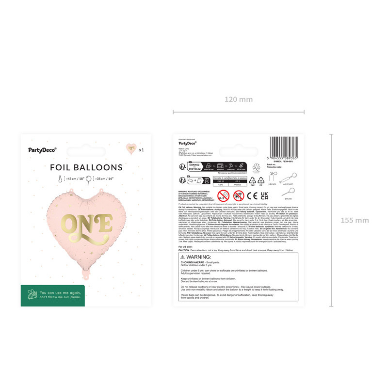 Foil balloon Heart ''One'', 45 cm, light pink Foil balloon Heart ''One'', 45 cm, light pink