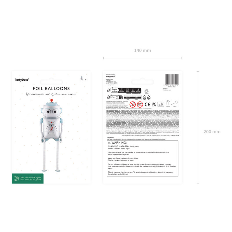 Foil balloon Robot, 37x80 cm, mix