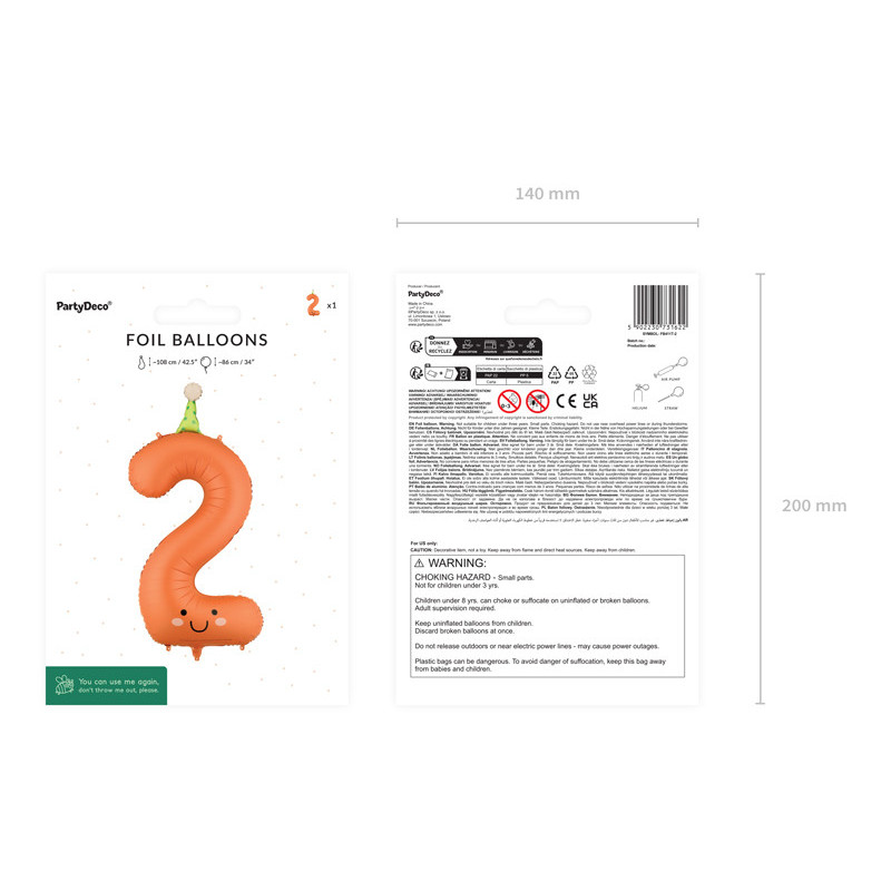 Foil balloon Number ''2'', 86cm, orange
