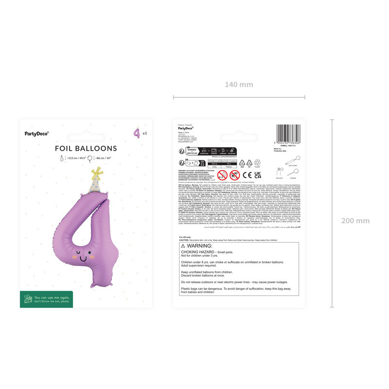 Foil balloon Number ''4'', 86cm, lavender
