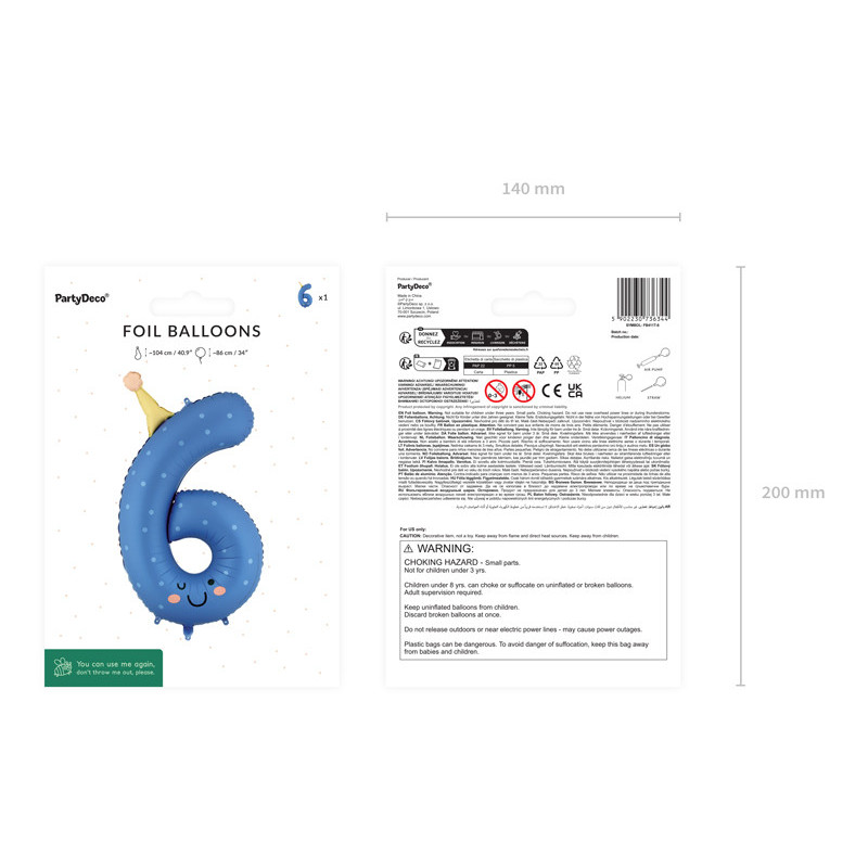 Foil balloon Number ''6'', 86cm, blue