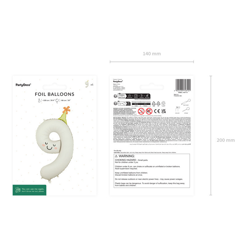 Foil balloon Number ''9'', 86cm, cream