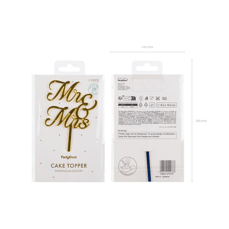 MR & MRS Acrylic Cake Topper, gold, 16.5 cm