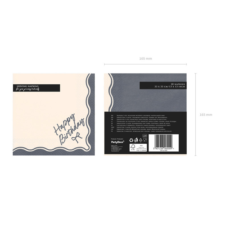 Napkins Happy Birthday Bow, 33x33 cm, beige-black (1 pkt / 12 pc.) Napkins Happy Birthday Bow, 33x33 cm, beige-black (1 pkt / 12 pc.)