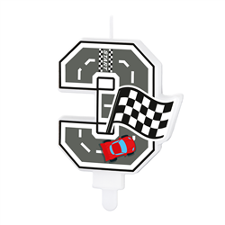 F&oslash;dselsdagslys Racerbil kagelys nummer 3med Ternet Flag M&oslash;nster