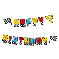 F&oslash;dselsdagsbanner Tillykke med f&oslash;dselsdagen, racerbilbanner Farvemix &ndash; 220x17cm