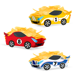3 stk. Racer Chips Box  snackbokse i blandede farver med biltema, 16 x 11 x 6,5 cm