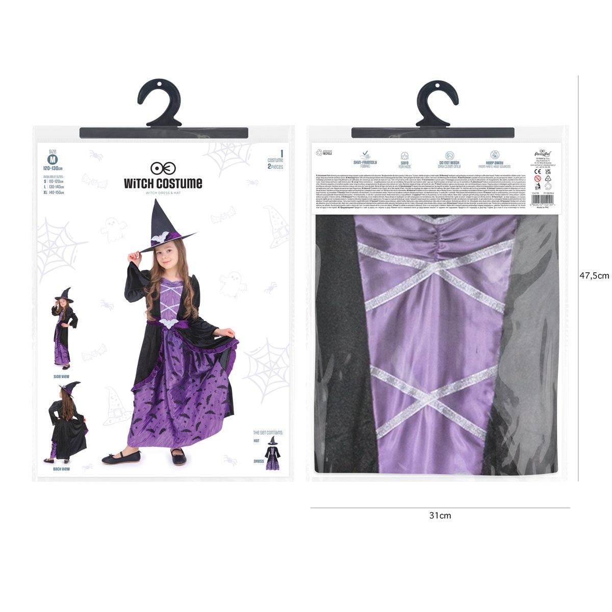 Heksekostume sort og lilla lang kjole 120-130 cm