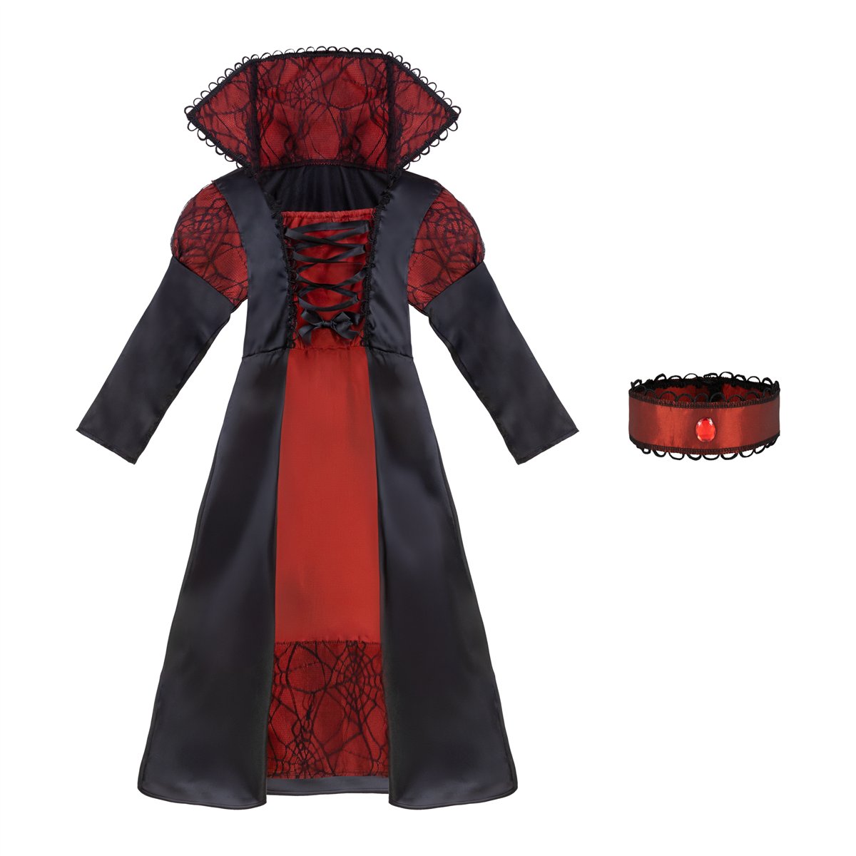 Vampyrkostume sort og rød kjole 110-120 cm Vampyrkostume sort og rød kjole 110-120 cm