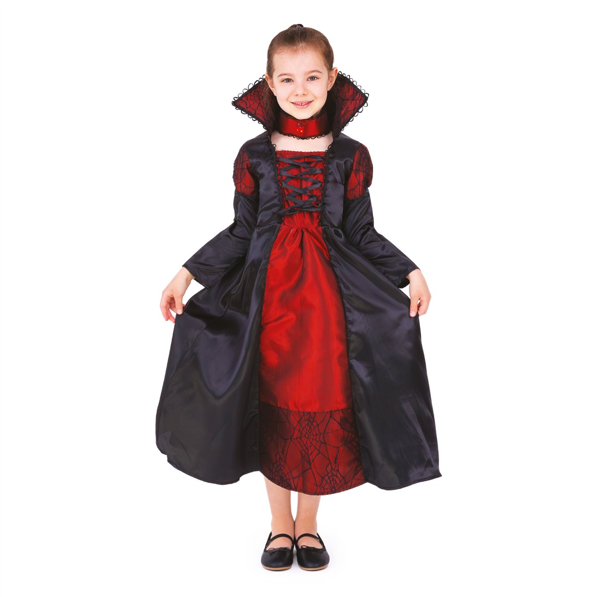 Vampyrkostume sort og rød kjole 110-120 cm Vampyrkostume sort og rød kjole 110-120 cm