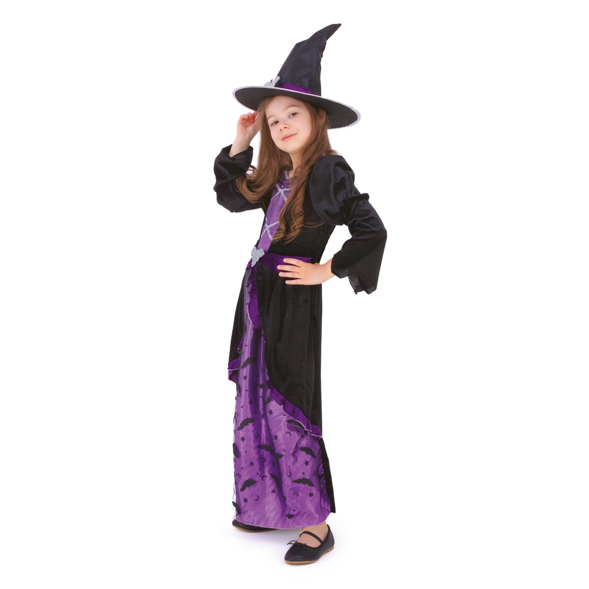 Heksekostume sort og lilla lang kjole 120-130 cm