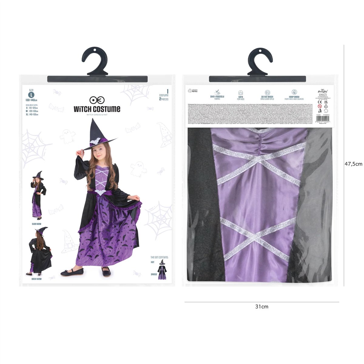 Heksekostume sort og lilla lang kjole 130-140 cm