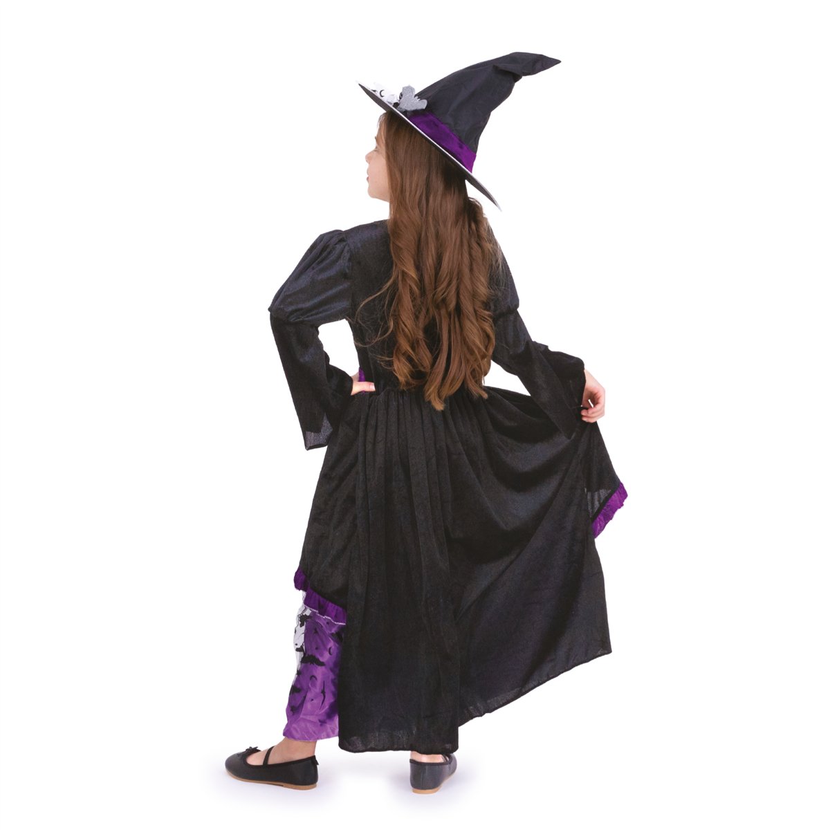 Heksekostume sort og lilla lang kjole 120-130 cm