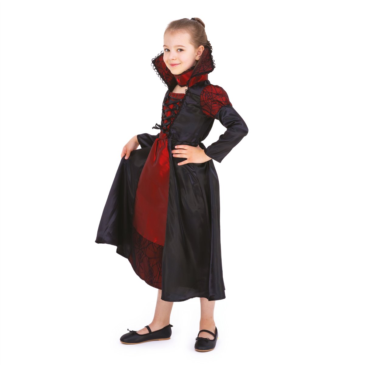 Vampyrkostume sort og r&oslash;d kjole 110-120 cm