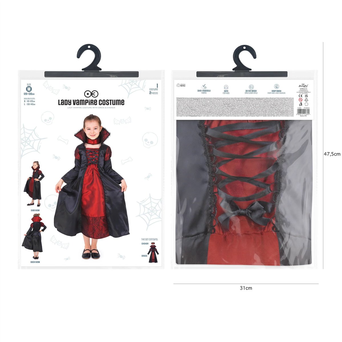 Vampyrkostume sort og r&oslash;d kjole 120-130 cm