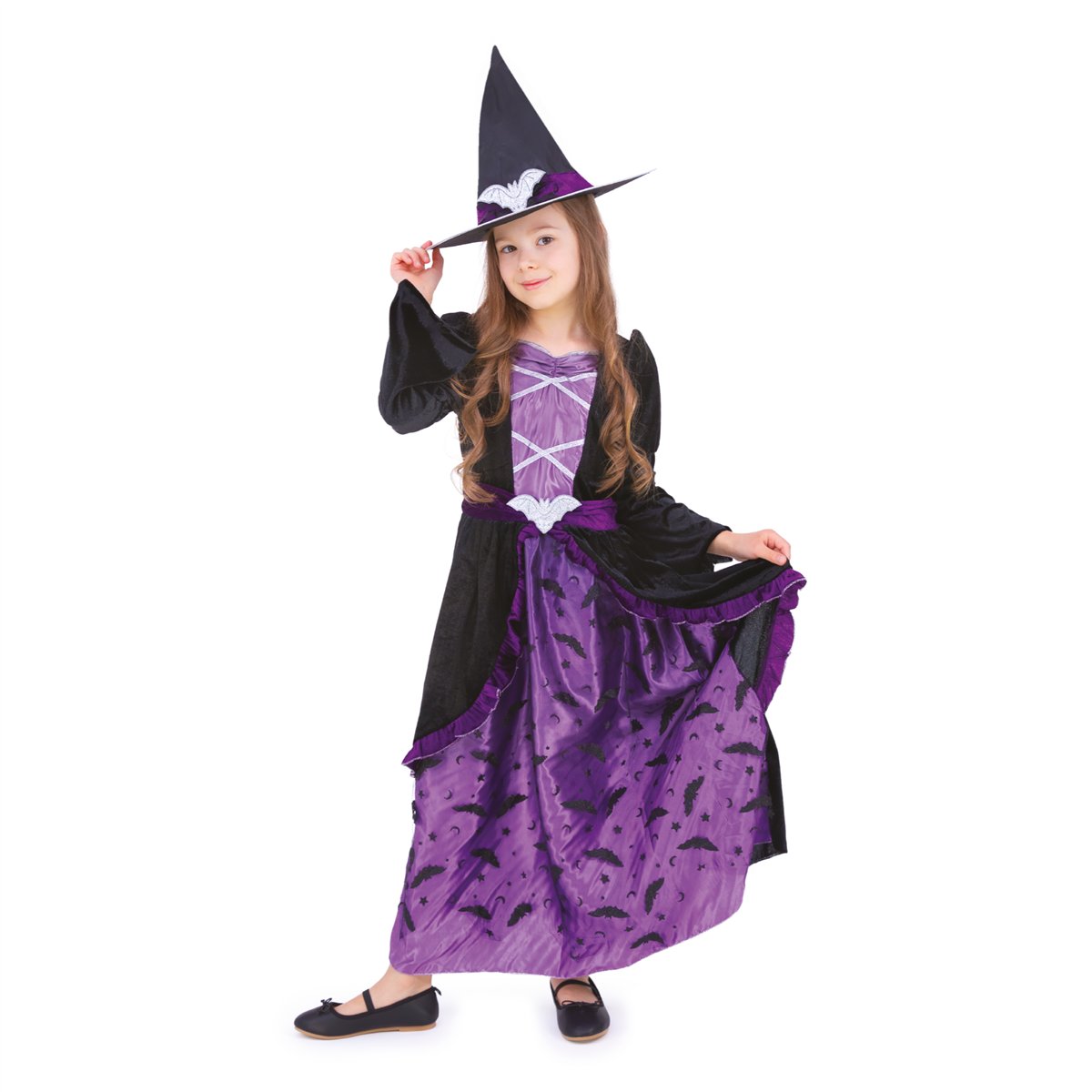 Heksekostume sort og lilla lang kjole 120-130 cm Heksekostume sort og lilla lang kjole 120-130 cm