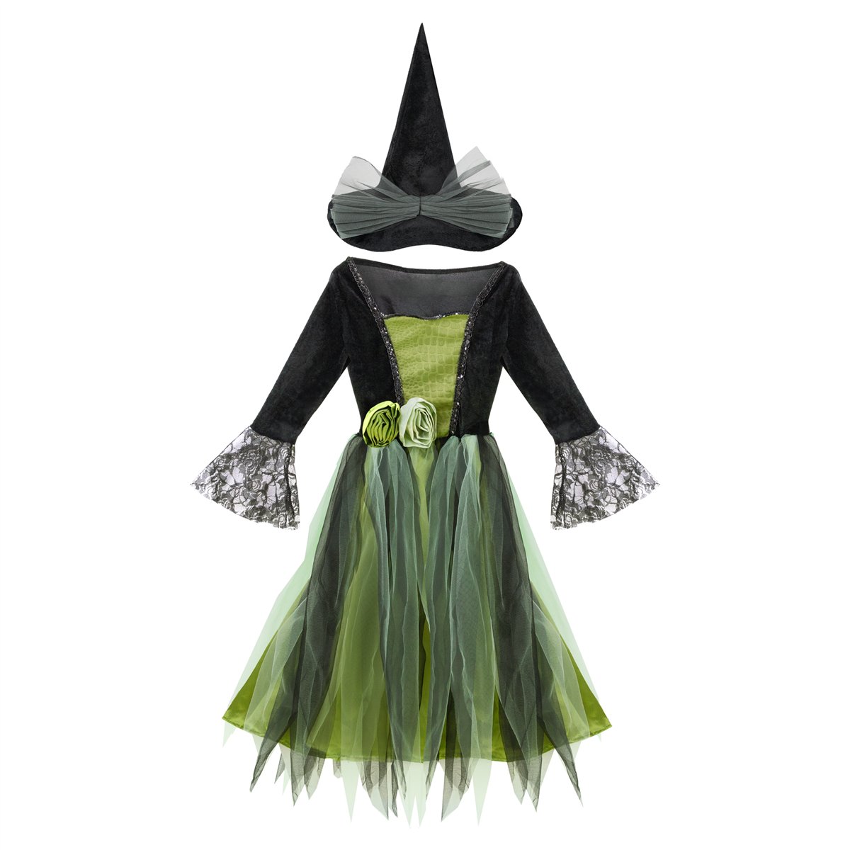 Heksekostume sort og grøn med hat 120-130 cm Heksekostume sort og grøn med hat 120-130 cm