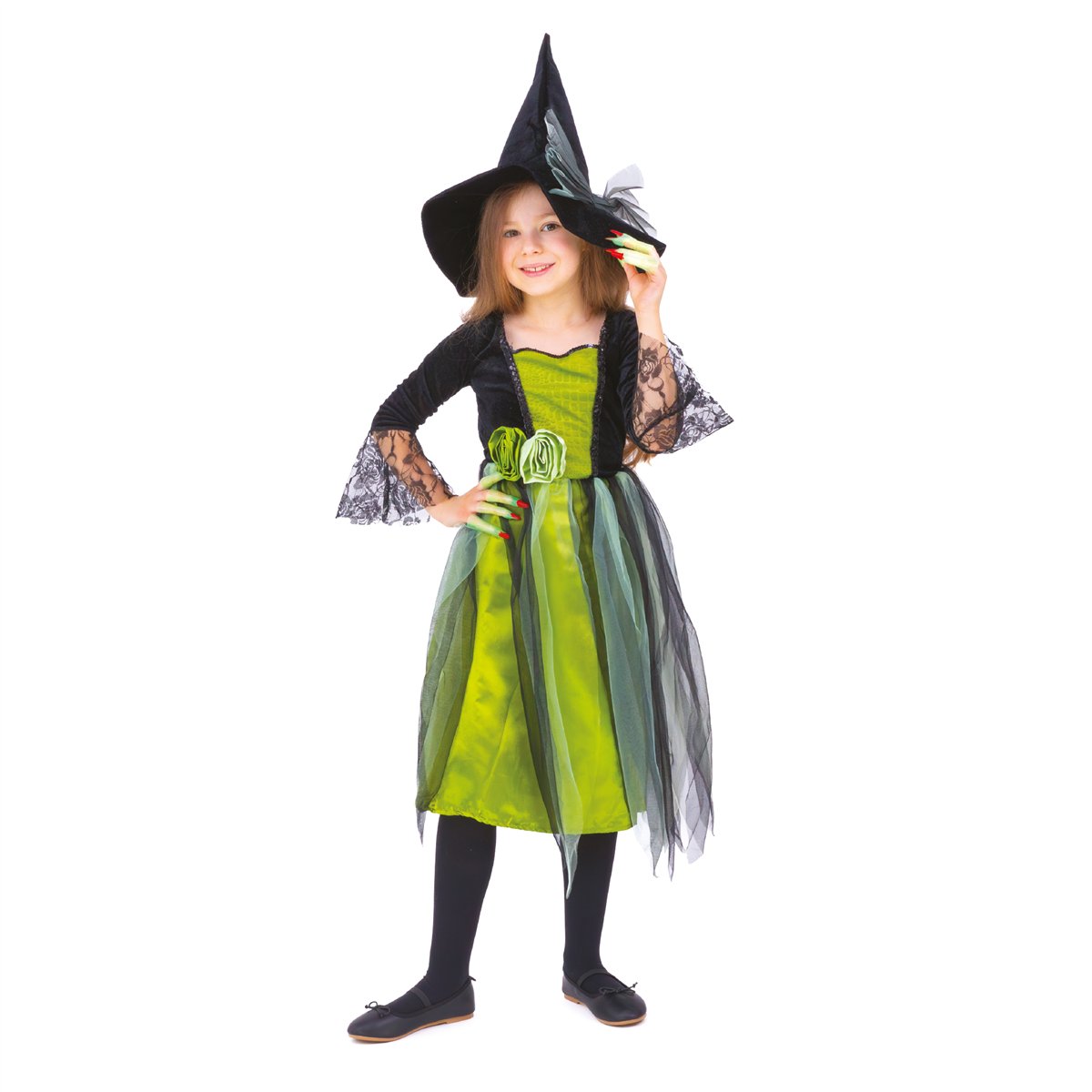 Heksekostume sort og grøn med hat 120-130 cm Heksekostume sort og grøn med hat 120-130 cm