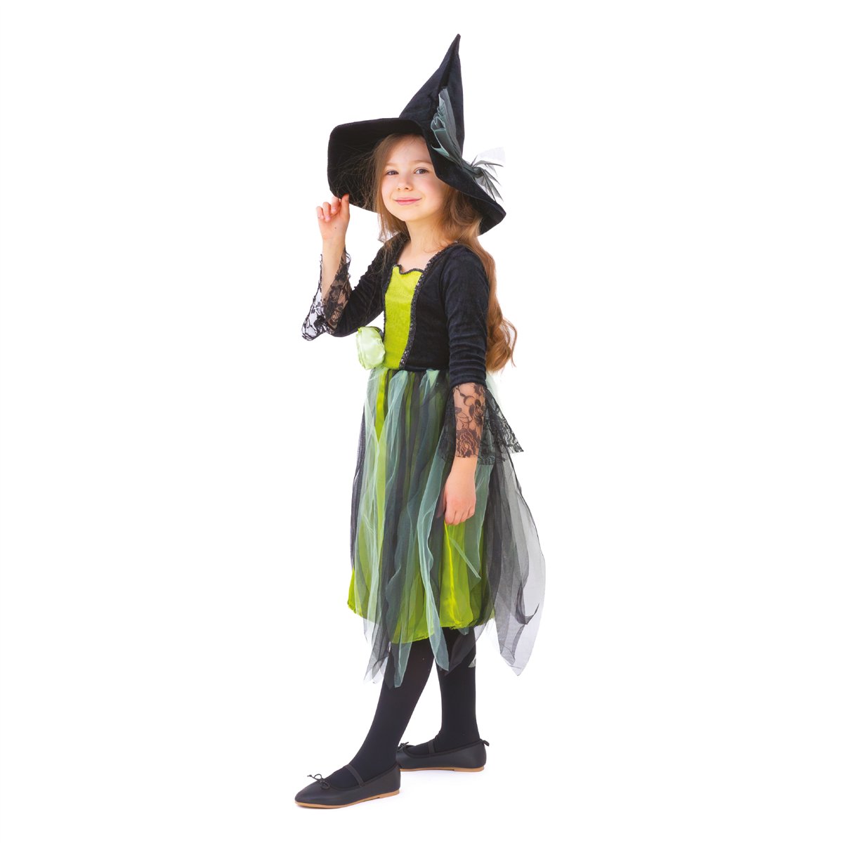 Heksekostume sort og grøn med hat 120-130 cm Heksekostume sort og grøn med hat 120-130 cm
