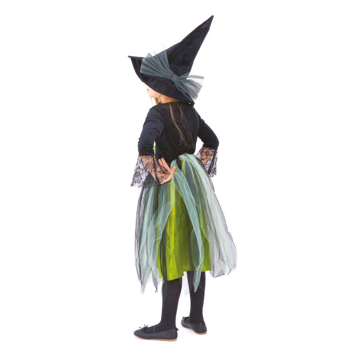 Heksekostume sort og grøn med hat 120-130 cm Heksekostume sort og grøn med hat 120-130 cm