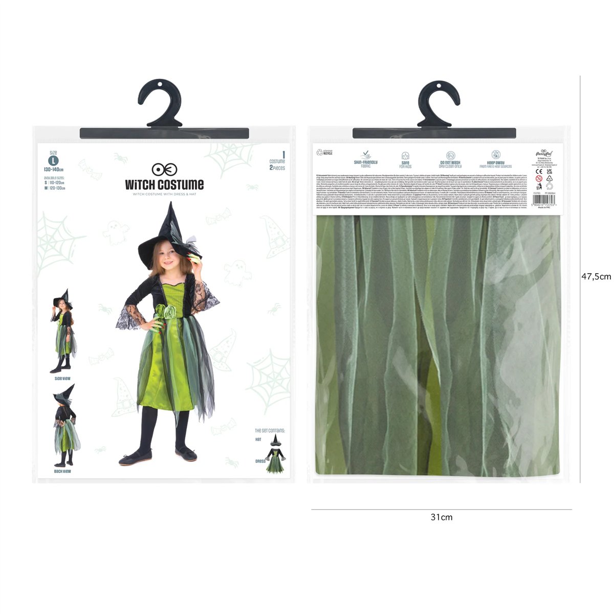 Heksekostume sort og grøn med hat 130-140 cm Heksekostume sort og grøn med hat 130-140 cm