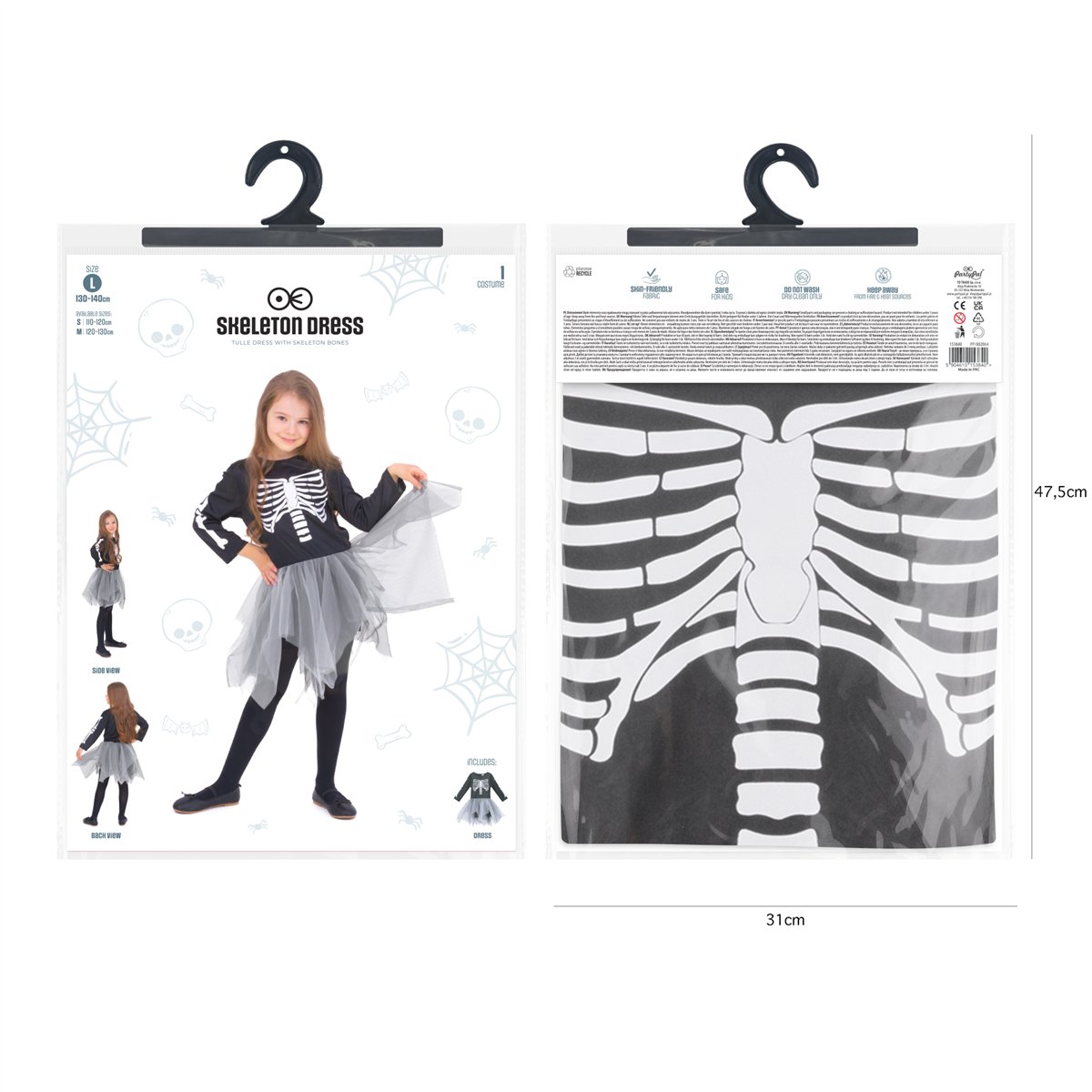 Halloween sort og hvid skeletkjole 130-140 cm Halloween sort og hvid skeletkjole 130-140 cm