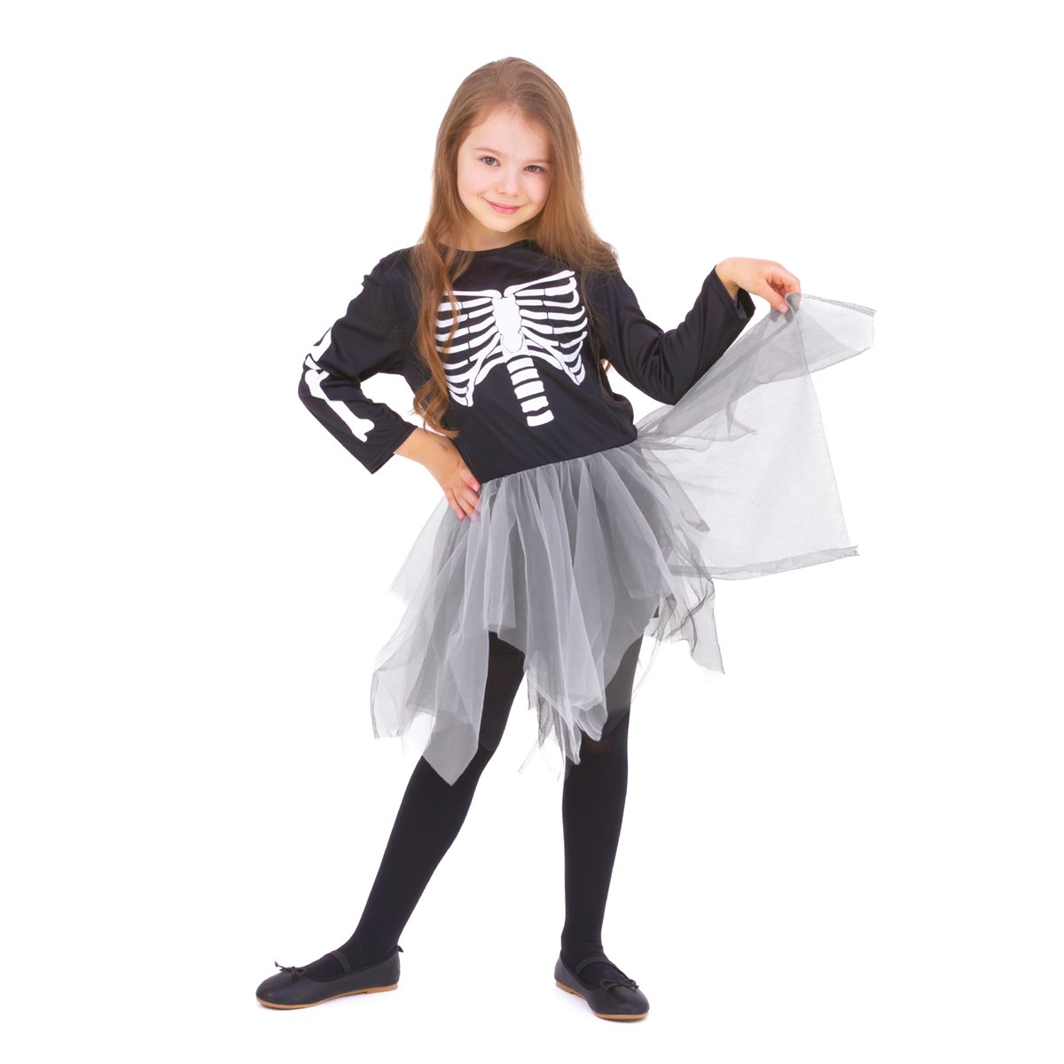 Halloween sort og hvid skeletkjole 130-140 cm Halloween sort og hvid skeletkjole 130-140 cm