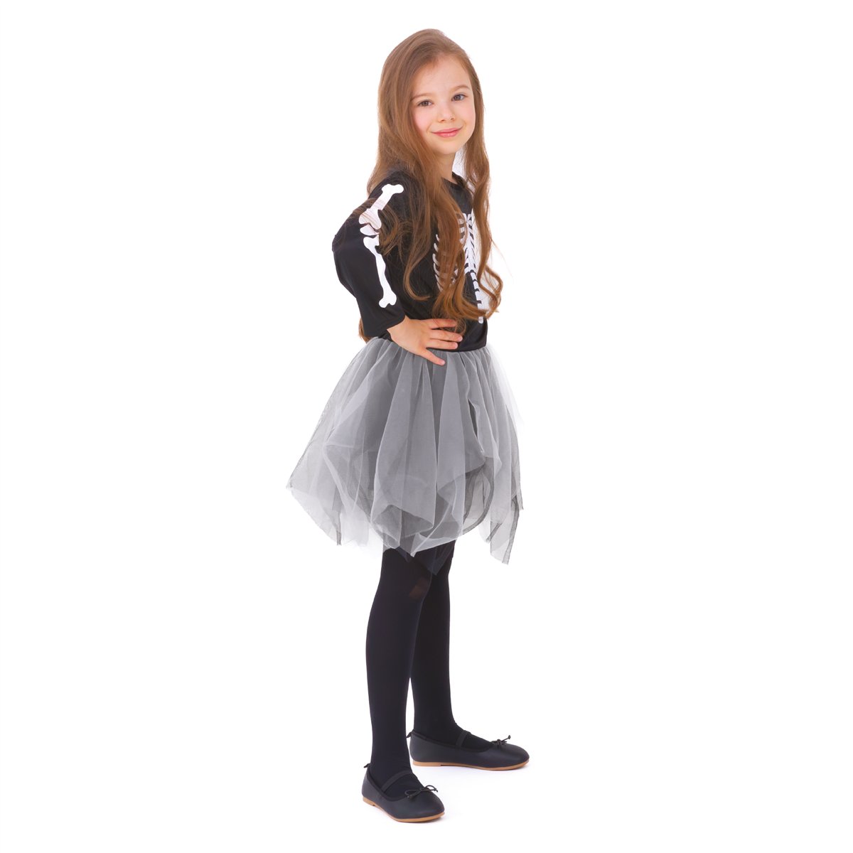 Halloween sort og hvid skeletkjole 130-140 cm Halloween sort og hvid skeletkjole 130-140 cm