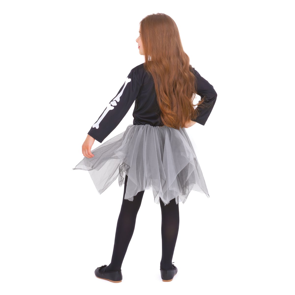 Halloween sort og hvid skeletkjole 130-140 cm Halloween sort og hvid skeletkjole 130-140 cm