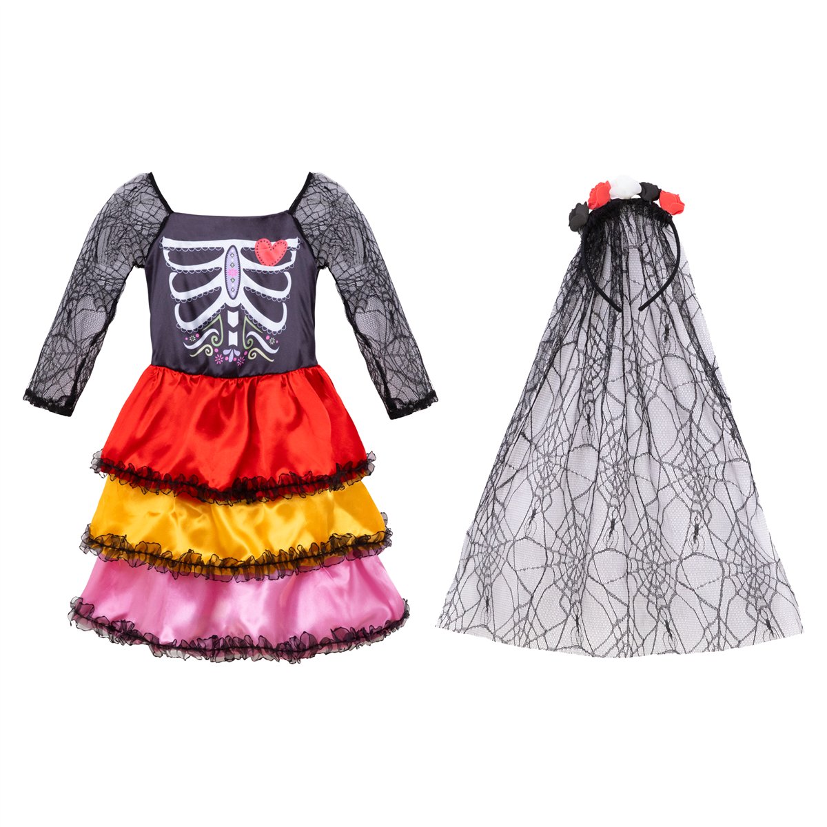 Halloween mexicansk skeletkjole knoglemønster 130-140 cm Halloween mexicansk skeletkjole knoglemønster 130-140 cm