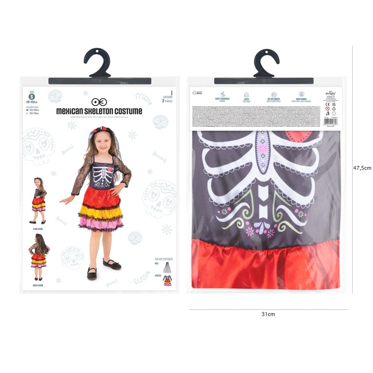 Mexicansk skeletkjole med slør knoglemønster 110-120 cm Mexicansk skeletkjole med slør knoglemønster 110-120 cm