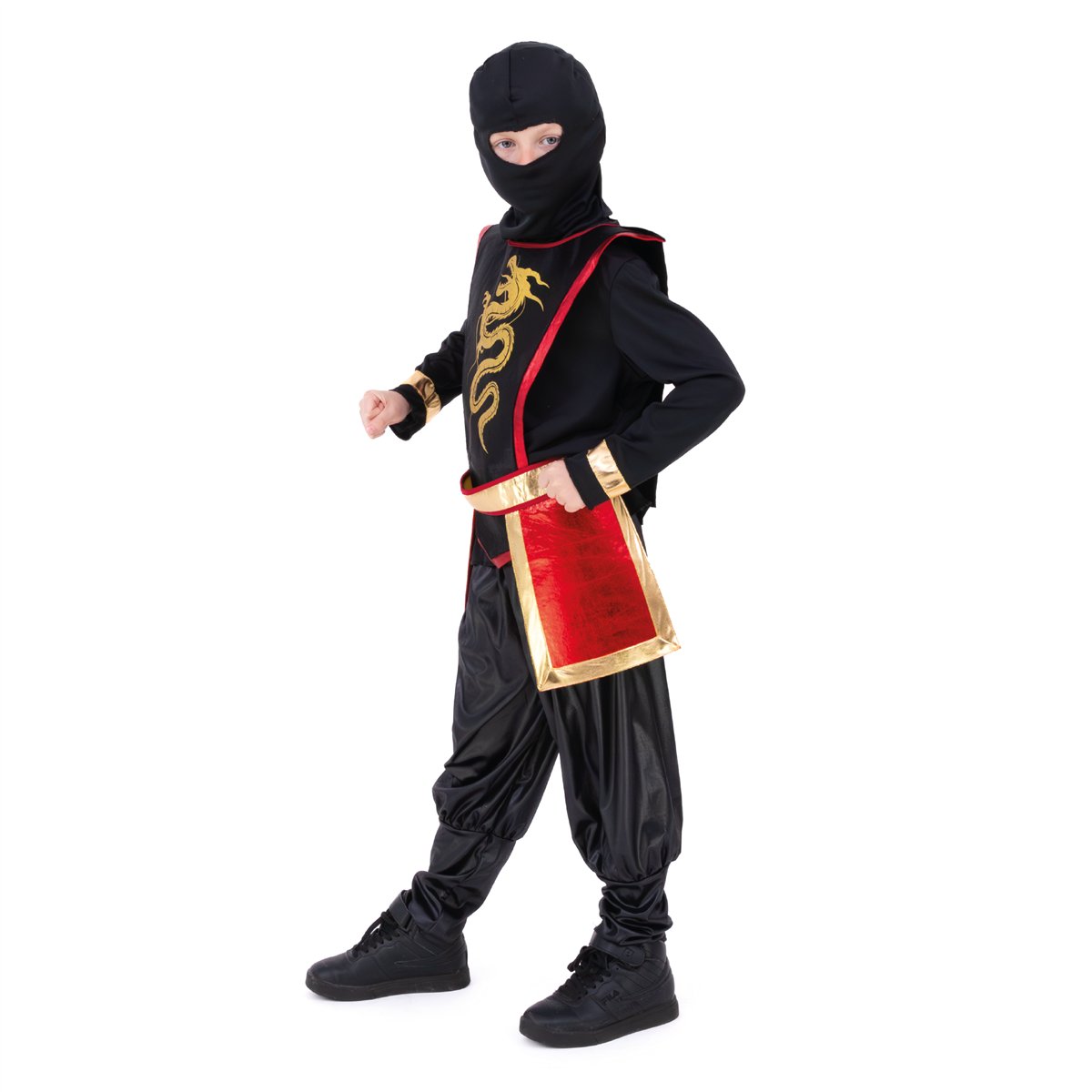 Ninjakostume sort/guld/rødt 5 dele 120-130 cm Ninjakostume sort/guld/rødt 5 dele 120-130 cm