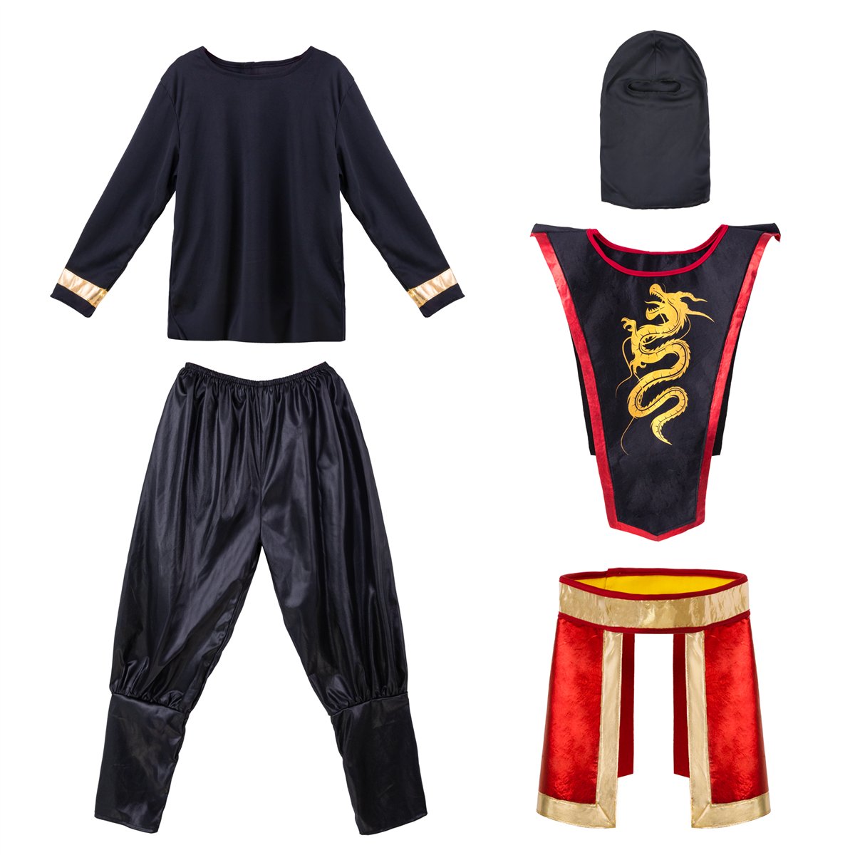 Ninjakostume sort/guld/rødt 5 dele 120-130 cm Ninjakostume sort/guld/rødt 5 dele 120-130 cm