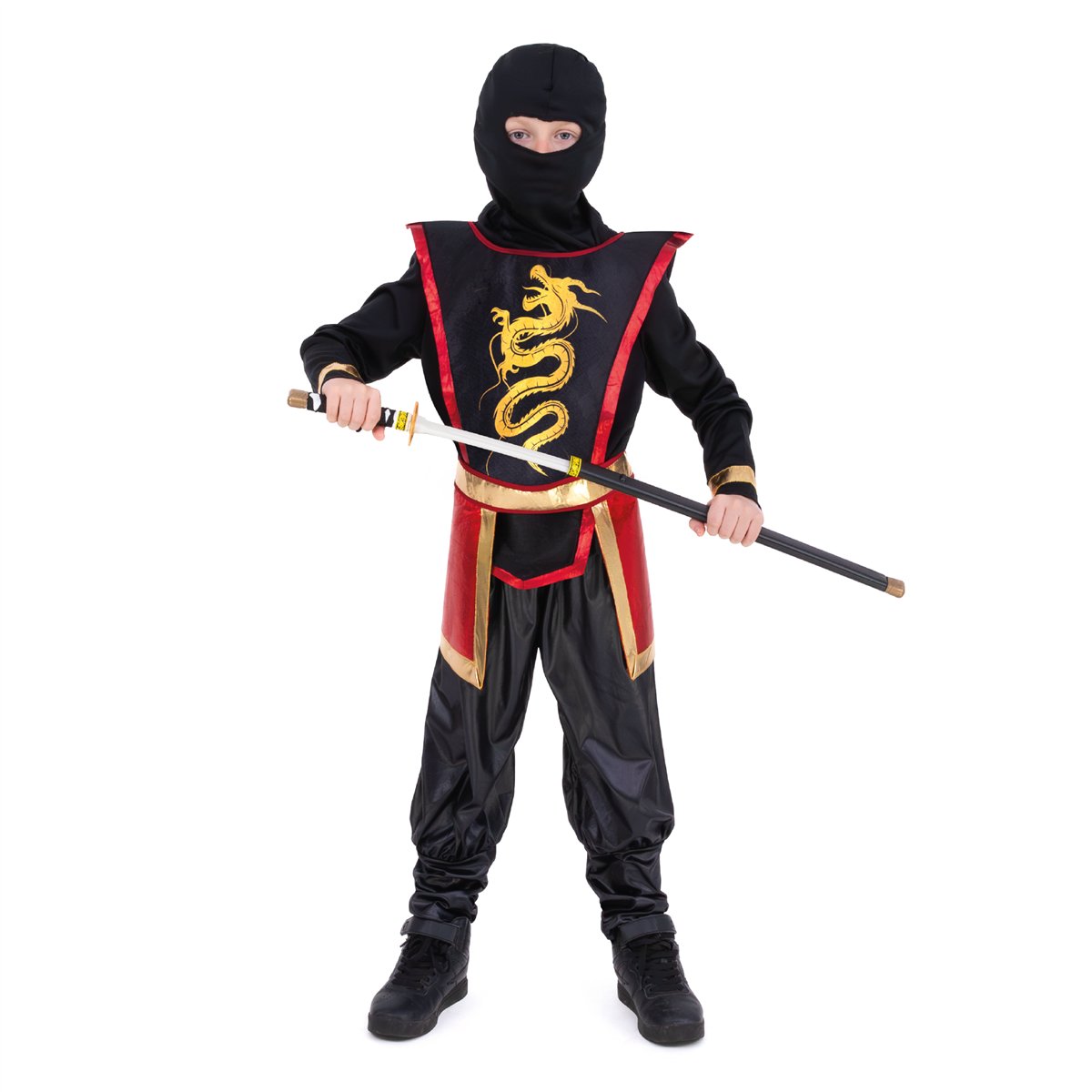 Ninjakostume sort/guld/rødt 5 dele 120-130 cm Ninjakostume sort/guld/rødt 5 dele 120-130 cm