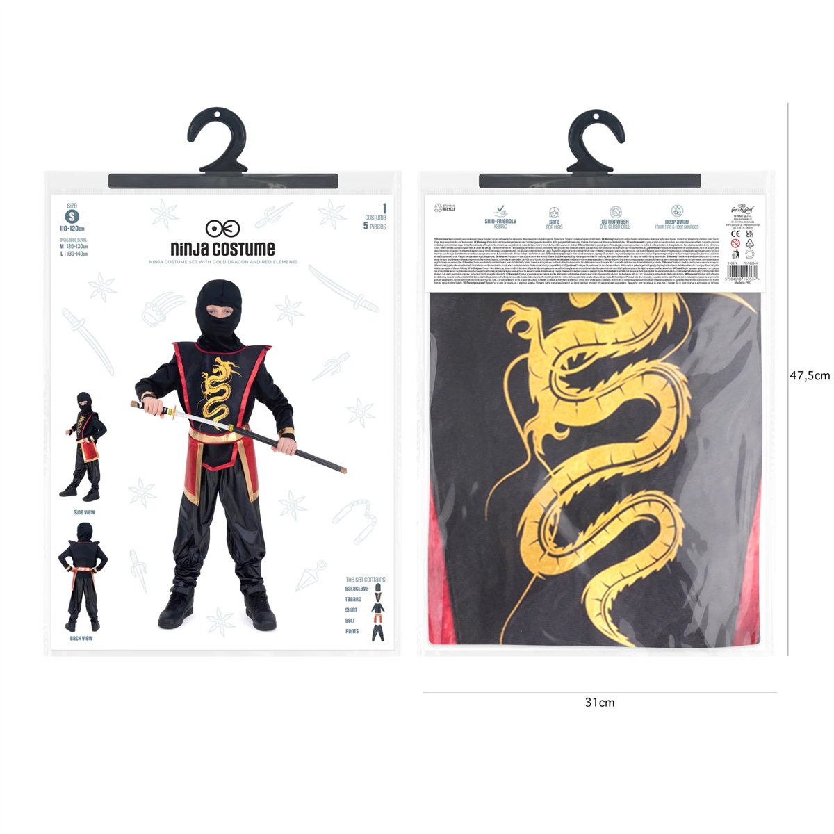 Ninjakostume sort/guld/rødt 5 dele 110-120 cm Ninjakostume sort/guld/rødt 5 dele 110-120 cm