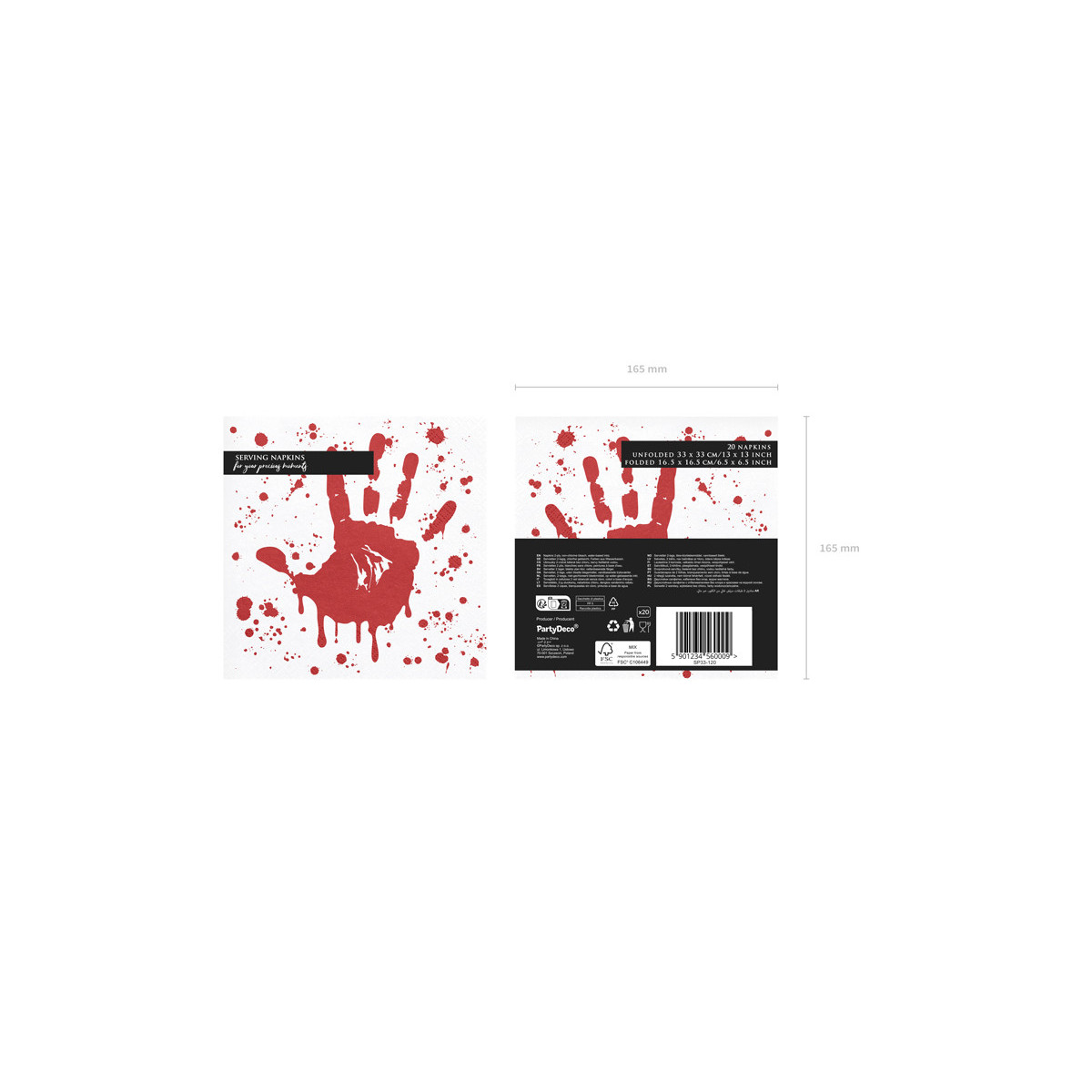 Napkins Bloody hand, 33x33 cm, white and red (1 pkt / 20 pc.) Napkins Bloody hand, 33x33 cm, white and red (1 pkt / 20 pc.)